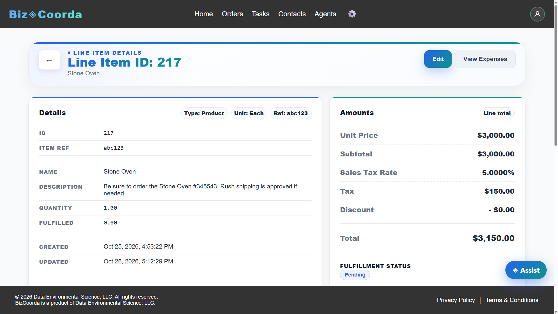 BizCoorda order management showing a line item created by the AI Business Assistant.